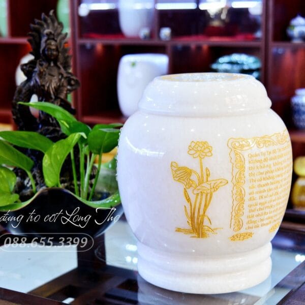 Hũ Đá Granite Trắng Khắc Bát Nhã Tâm Kinh Tiếng Việt LTH-01